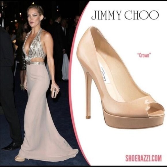 Jimmy Choo Patent Leather Luna “Nude” Tan Crown Open Toe Platform Pump Heel, 37 - Picture 1 of 14